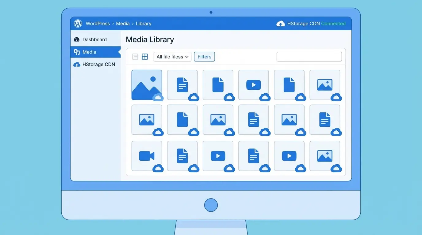 WordPressメディアライブラリとHStorageクラウドストレージの連携イメージ