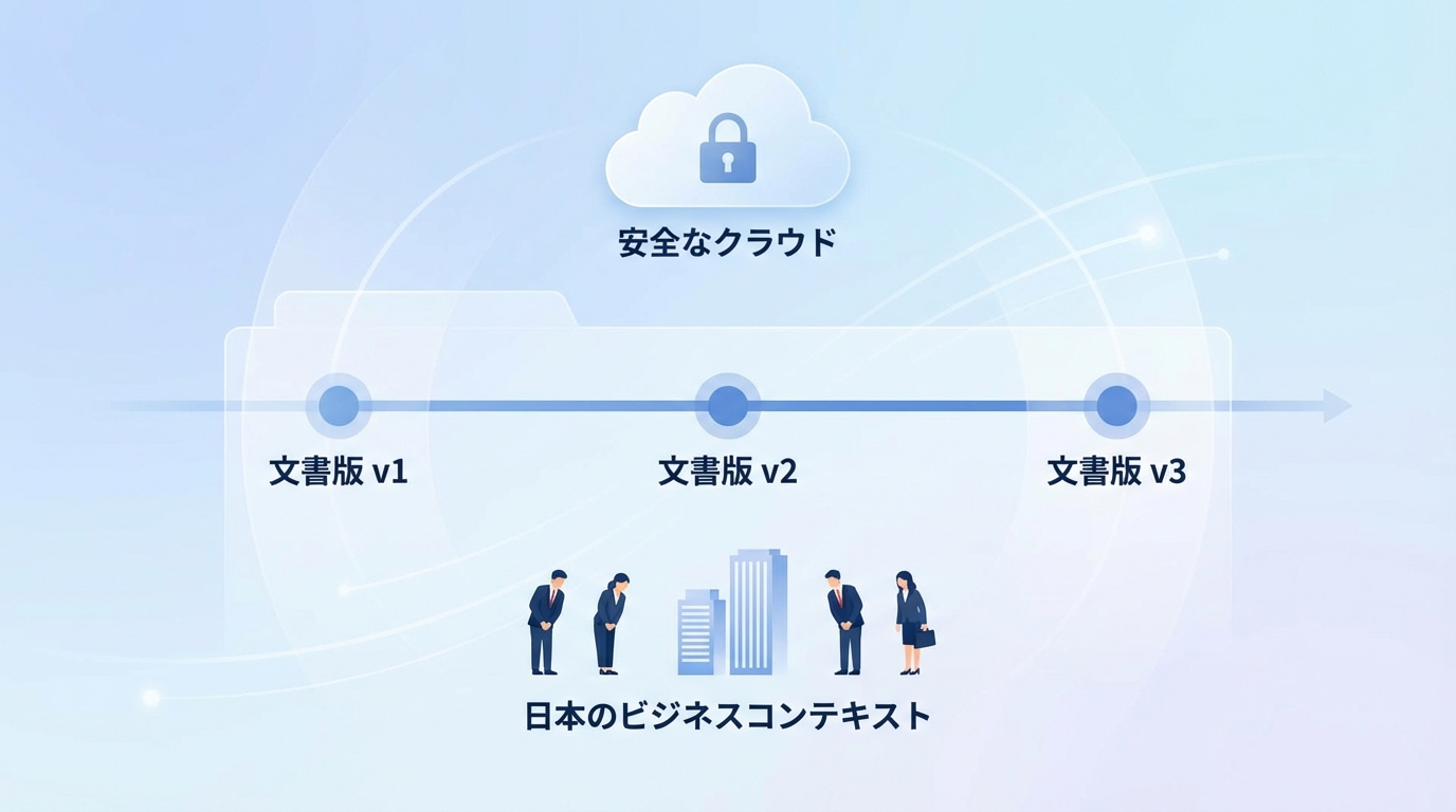 書類のバージョン管理の概念図:v1からv3への変遷と各バージョンの保存